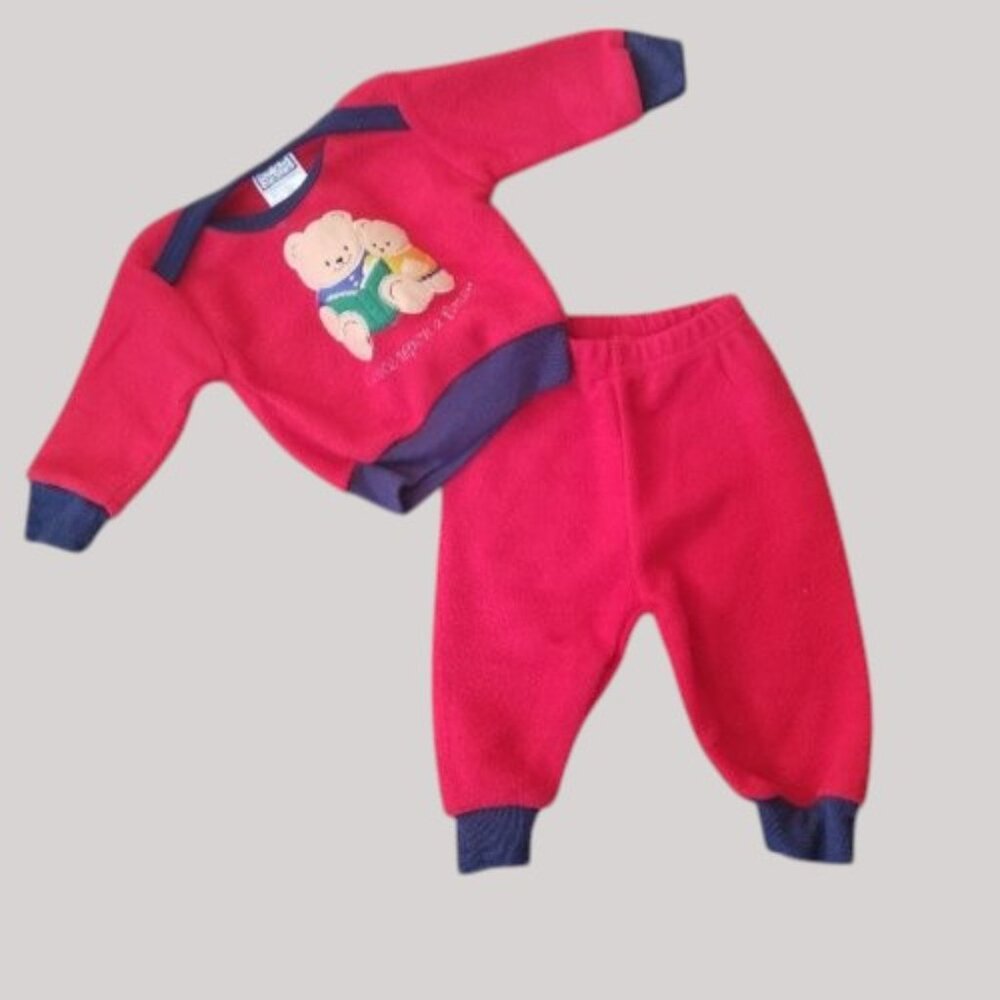 * Vintage MON PETIT Red Fleece Teddy Bear Jogging Set Boys Size 3-6 months